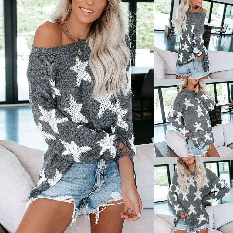 Women's Loose Knitted Star Shape Print Long Sleeve O-Neck Sweater Blouse | Walmart (US)