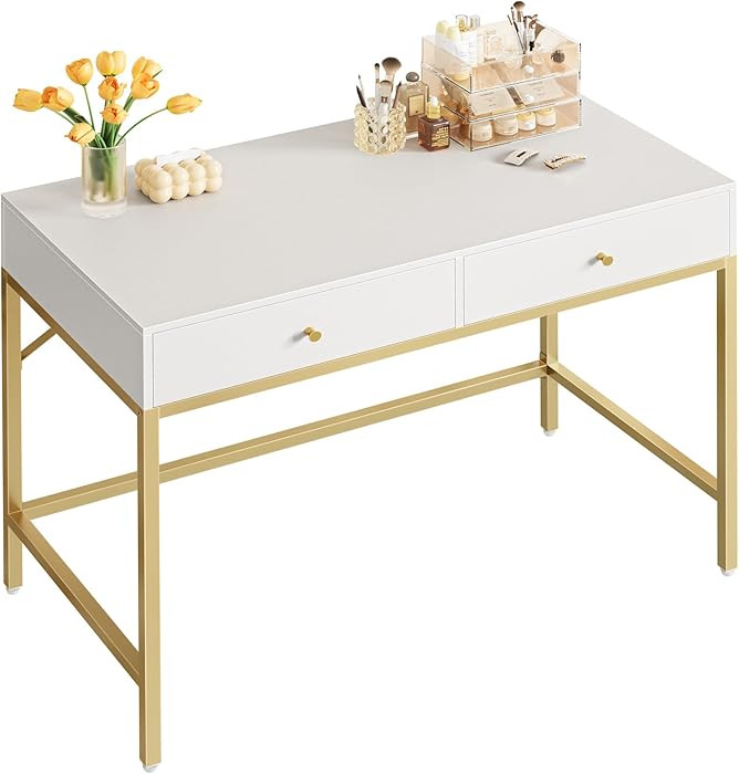 SUPERJARE 39.4" White and Gold Desk with 2 Drawers, Modern Makeup Vanity Desk, Small Computer Des... | Amazon (US)