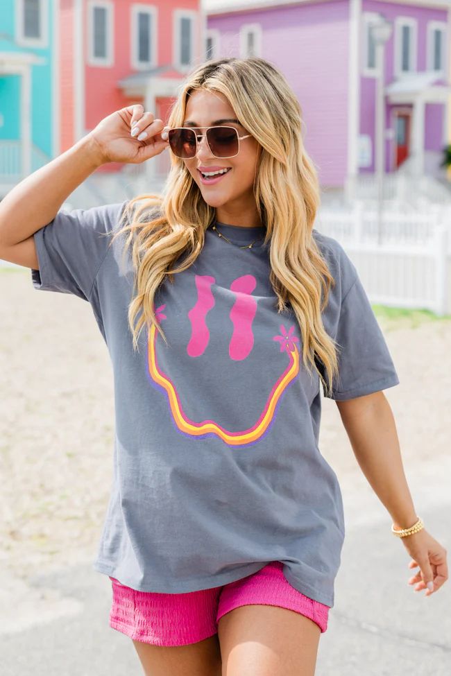 Retro Smiley Grey Oversized Graphic Tee SALE | Pink Lily