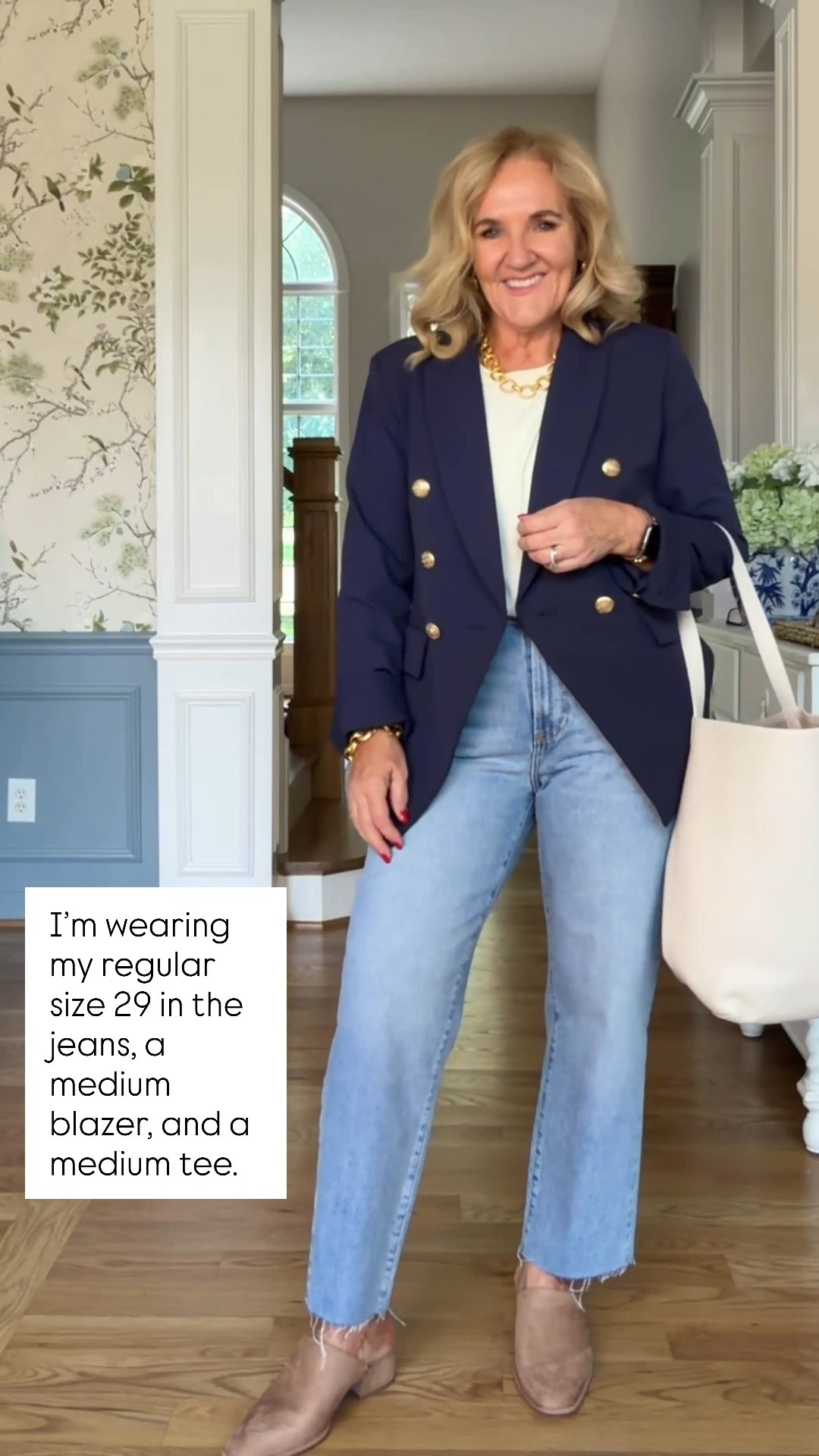 These Quince rigid denim jeans are such a flattering fit! They have that structured, vintage-inspired look while still being comfortable enough for everyday wear. I paired them with Quince’s classic navy blazer and cashmere cotton tee for an easy outfit that transitions beautifully from late summer into fall. I’m wearing my regular size 29 in the jeans, a medium blazer, and a medium tee.

💡 LTK MADE EASY
❤️ Heart = Support my posts!
🔖 Save = Get sale & restock alerts
📋 Lists = Keep favorites organized
📲 Share = Send lists and products to a friend. Hello, Christmas List!
💬 Comment = Ask me anything about what I’m wearing.:-)

#LTKOver40 #LTKSeasonal #LTKootd