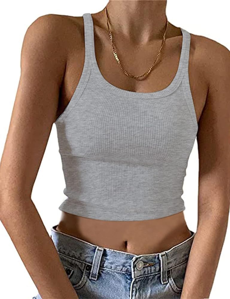 Meladyan Women Plain Ribbed Knit Crop Cami Tank Basic Slim Fit Scoop Neck Sleeveless Racerback Cropp | Amazon (US)