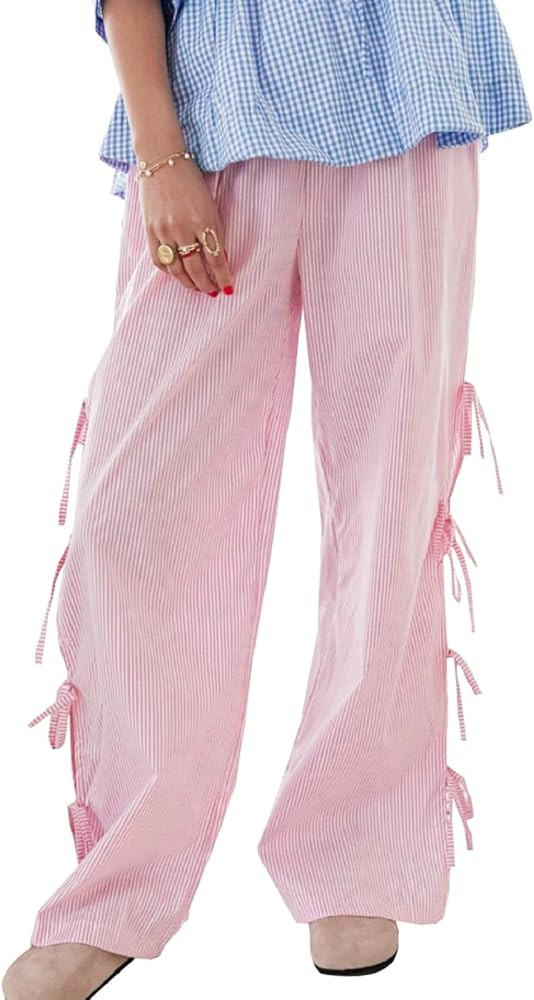 Womens Tie Side Lounge Pants Gingham Pajama Pants Split Bow Tie Up Plaid Print Wide Leg Pj Trouse... | Amazon (US)
