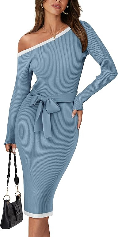 GRACE KARIN Women's 2024 Fall Sweater Dress One Shoulder Long Sleeve Ribbed Knit Tie Waist Casual... | Amazon (US)