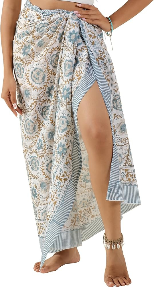 100% Cotton Sarong Coverup for Women Indian Hand Block Print Swimsuit Pareo Wrap Skirt Beach Biki... | Amazon (US)