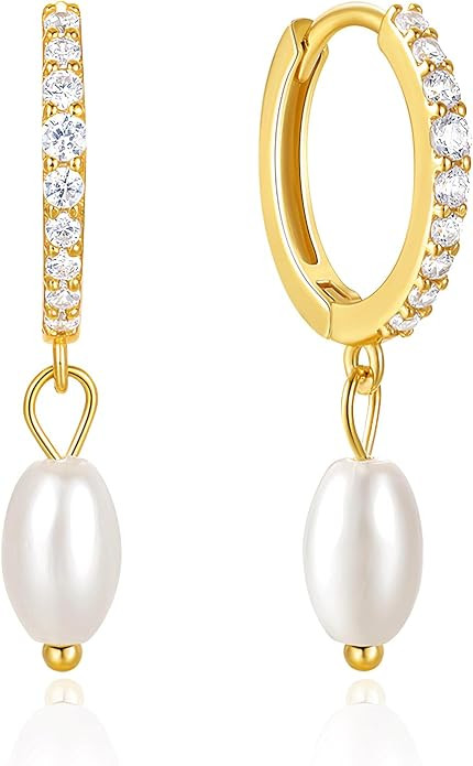 NIVANA 14k Gold Plated 925 Sterling Silver Pearl Hoop Earrings For Women, Pearl Huggie Earrings, ... | Amazon (US)