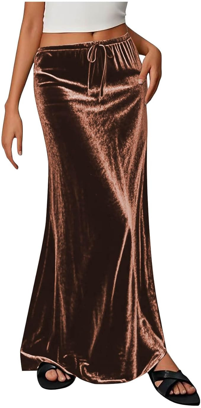 Womens Gold Velvet Maxi Skirts Solid Lace up Elastic Waist Skirt Loose Fashion Comfy A-Line Swing... | Amazon (US)