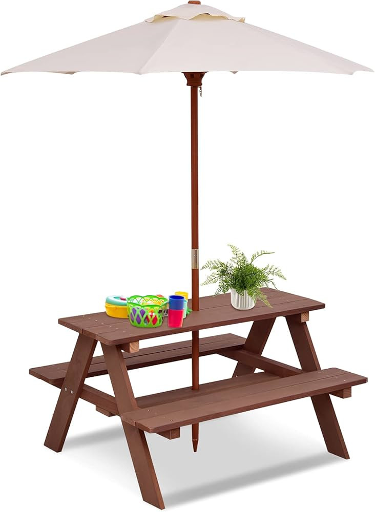 HONEY JOY Kids Picnic Table, Outdoor Wooden Bench Set w/Removable Umbrella, Children Backyard Fur... | Amazon (US)