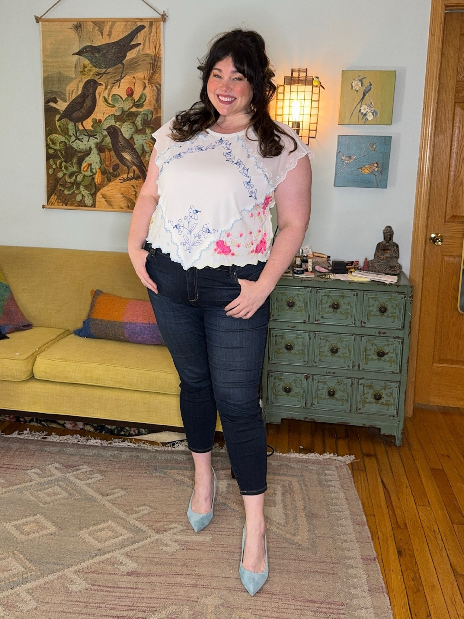Plus size embroidered top dressed up with plus size dark wash skinny jeans and blue suede pumps! Love this look for a night on the town  

#LTKPlusSize