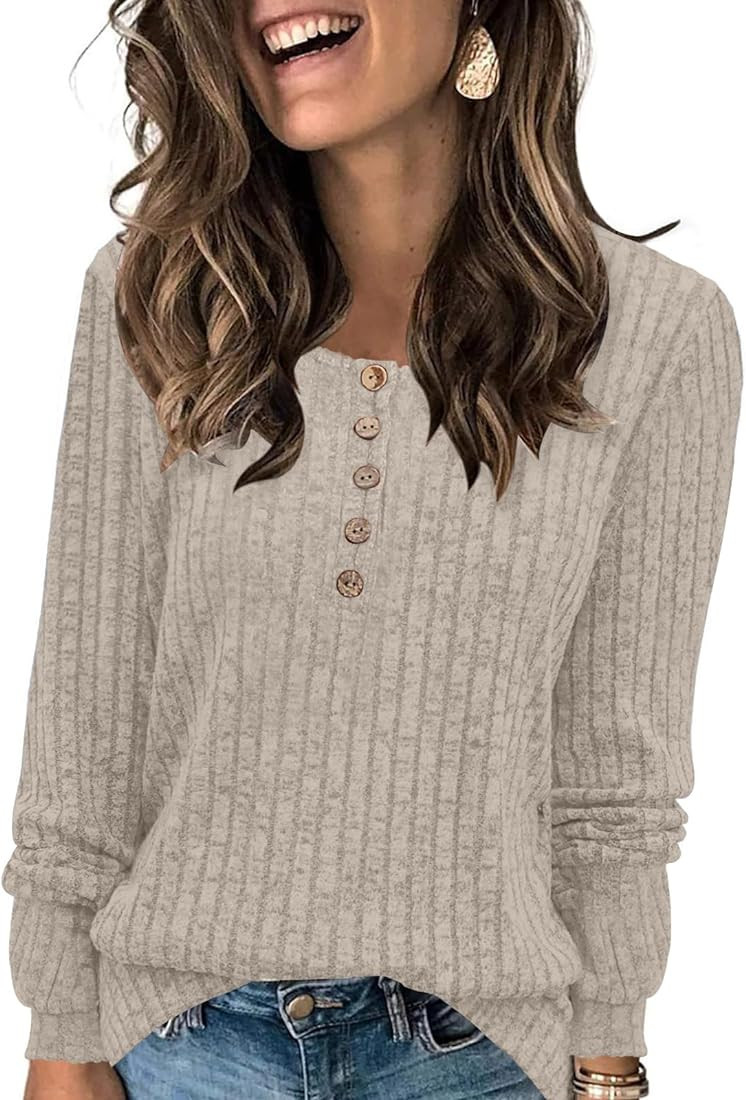 DB MOON Womens Lightweight Sweaters 2023 Long Sleeve Henley Shirt Fall Casual Crewneck Tunic Tops | Amazon (US)
