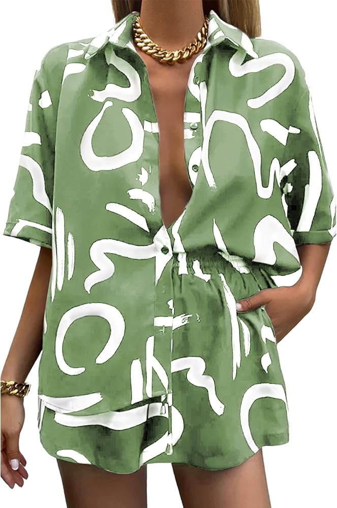 LTSCNRM Women's 2 Piece Outfit Sets Summer Beach Casual Printed Shirts and Shorts Lounge Sets | Amazon (US)
