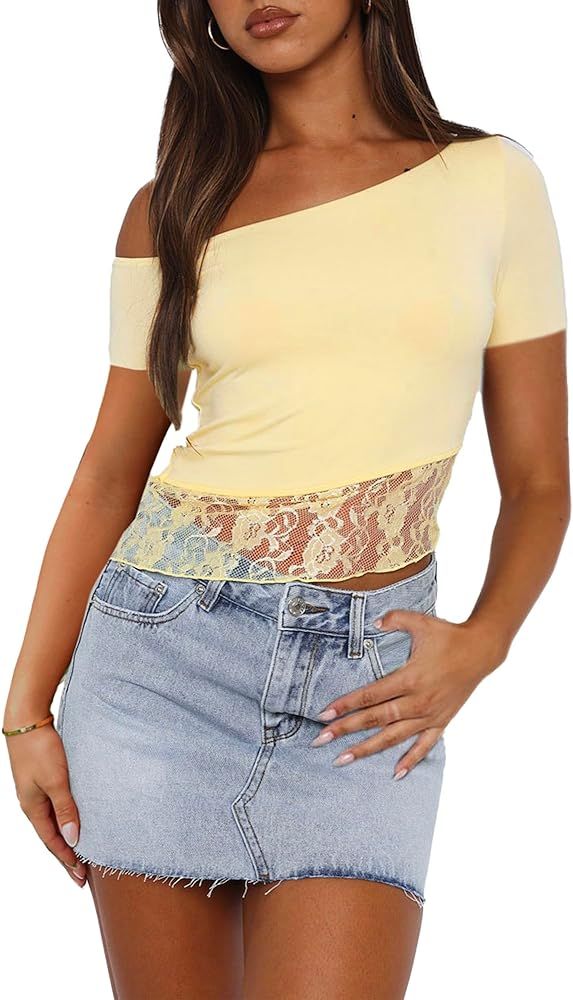 Womens Long Sleeve Crop Tops Sexy Off Shoulder Slim Fit Lace Trim Tunic Tees Y2K Blouse Trendy T ... | Amazon (US)