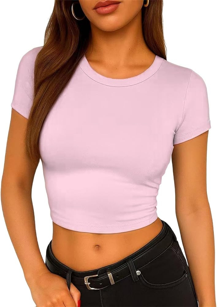 ForeFair Women's Casual Going Out Crop Tops Crew Neck Slim Fit Short Sleeve Basic Tight T Shirts | Amazon (US)