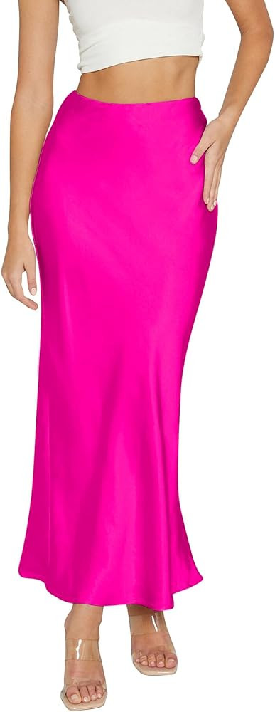 Amy Babe Women's Satin Silky High Waist Maxi Skirt Elegant Elastic Waistband A Line Long Skirts | Amazon (US)