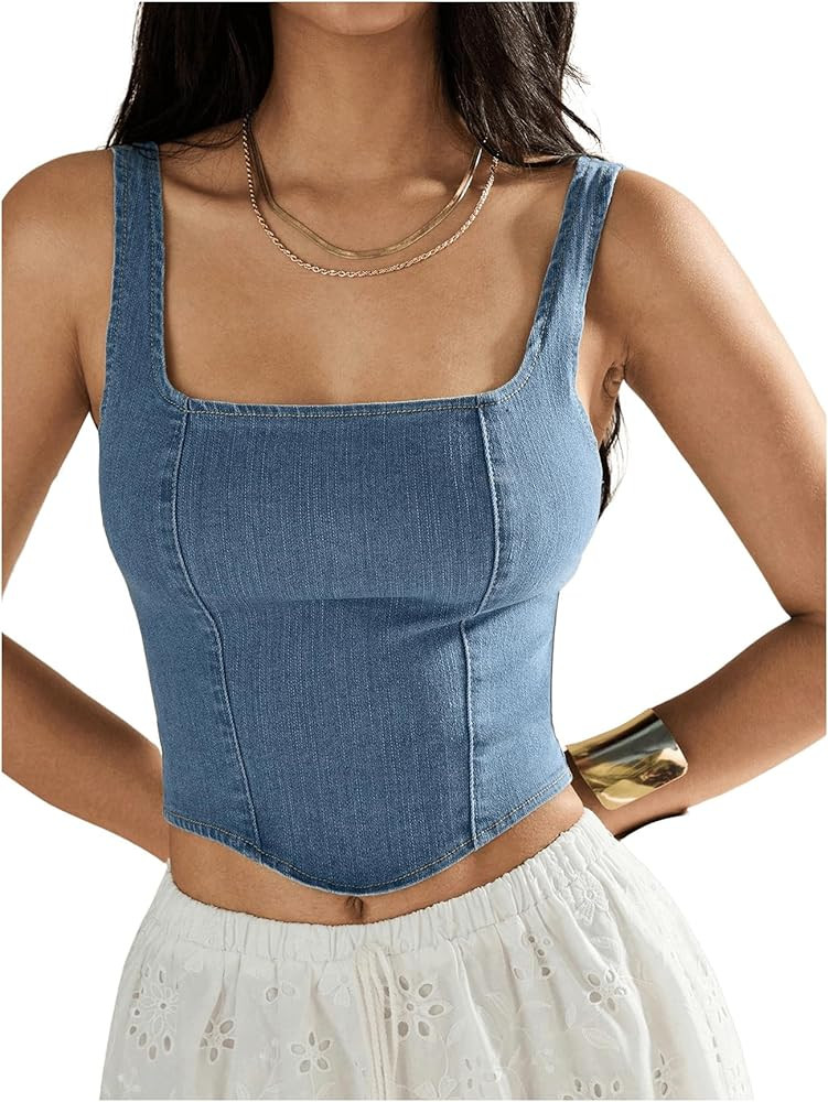 WDIRARA Women's Square Neck Sleeveless Corset Denim Top Zip Back Asymmetrical Hem Tank Top | Amazon (US)