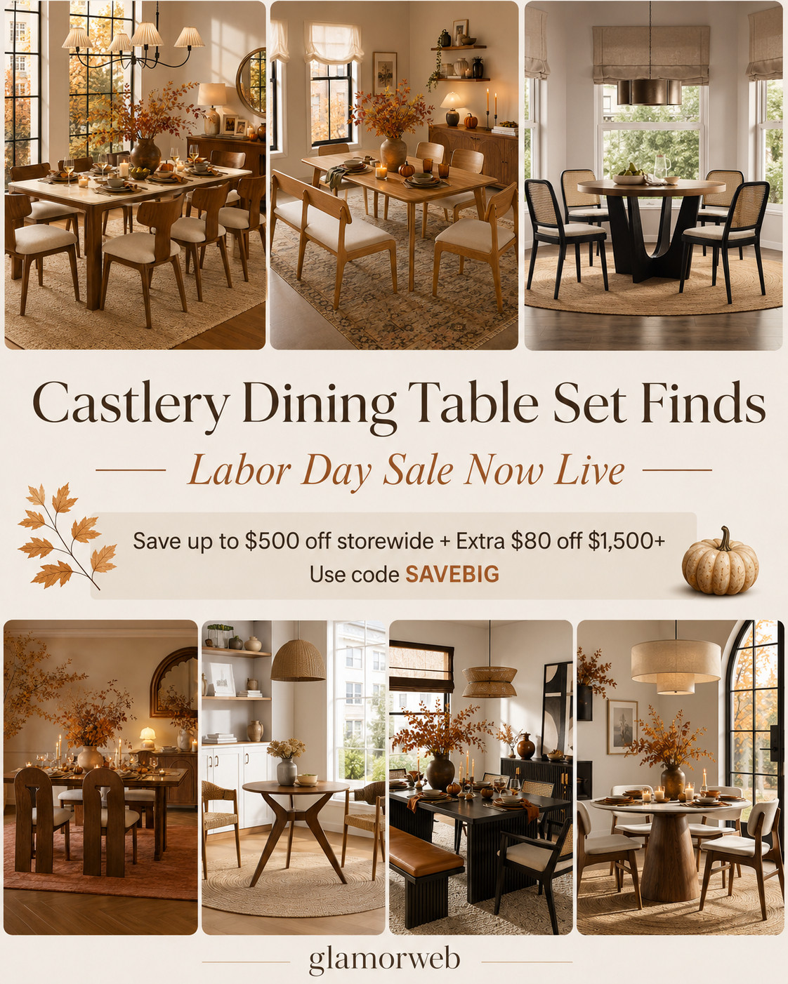 Fall dinner party dreams start with the dining table 🍂🥂 These Castlery dining table set finds are SO pretty, and the timing is even better because the Labor Day Sale is now live! Save up to $500 off storewide + get an EXTRA $80 off $1,500+ with code SAVEBIG. Perfect for giving your dining space a fresh, elevated look before all the fall hosting begins. Think cozy dinners, pumpkin-season brunches, Friendsgiving, Thanksgiving, and holiday gatherings around one beautiful table. 🤎

#CastlerySale #CastleryDining #LaborDaySavings #LaborDayHomeSale #DiningTableIdeas #DiningRoomInspiration #DiningRoomRefresh #FallHostingSeason #FallHostingInspo #FallDinnerParty #AutumnHome #ThanksgivingHostingIdeas #FriendsgivingHosting #HolidayEntertaining #ModernDiningFurniture #FurnitureDeals #HomeSale #CozyDiningRoom #HomeStyle #HomeDecorInspo #LTKHomeFinds #LTKHomeDecor #LTKSale 

 #LTKSeasonal #LTKHome #LTKSaleAlert