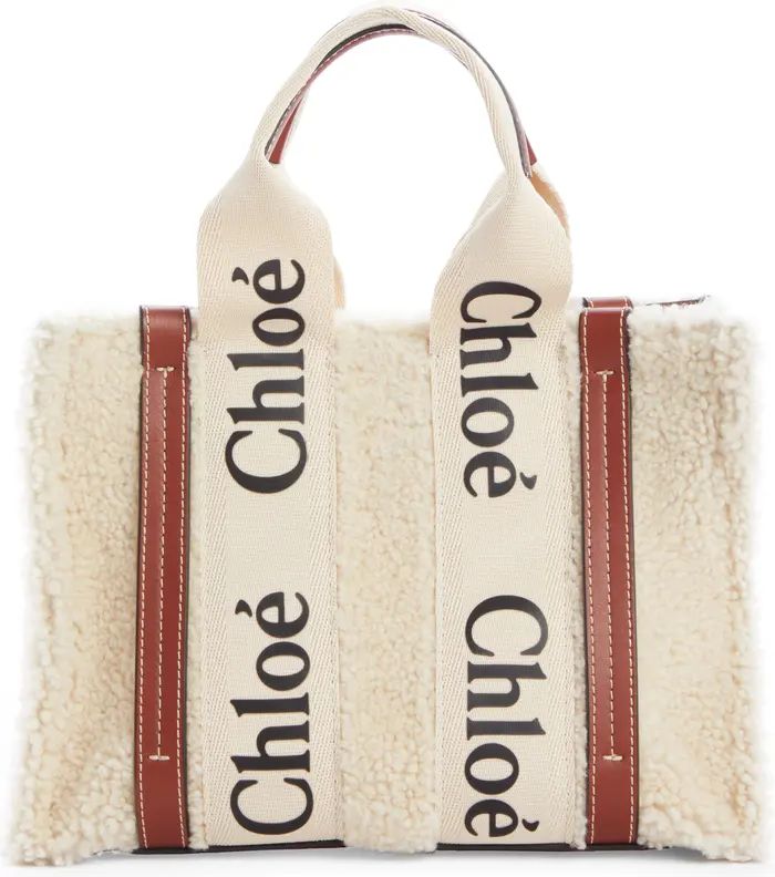 Chloé Small Woody Logo Strap Genuine Shearling Tote | Nordstrom | Nordstrom