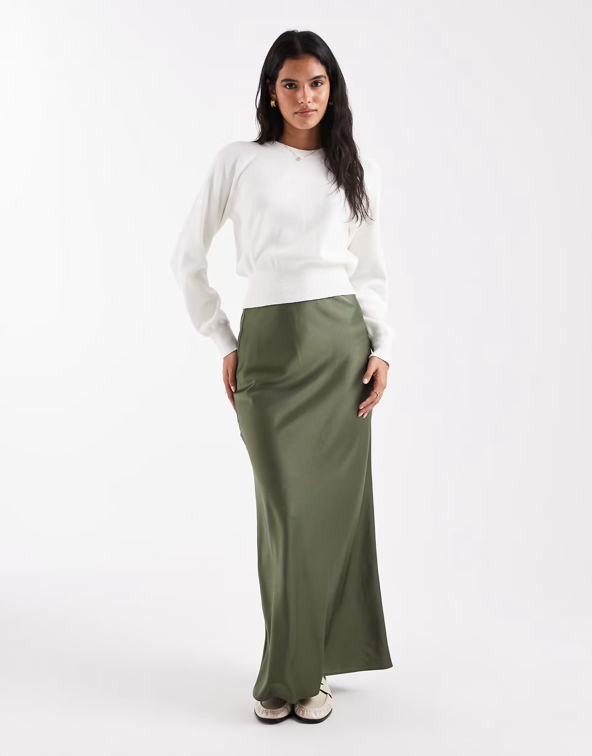 ASOS DESIGN satin bias maxi skirt in khaki | ASOS | ASOS (Global)