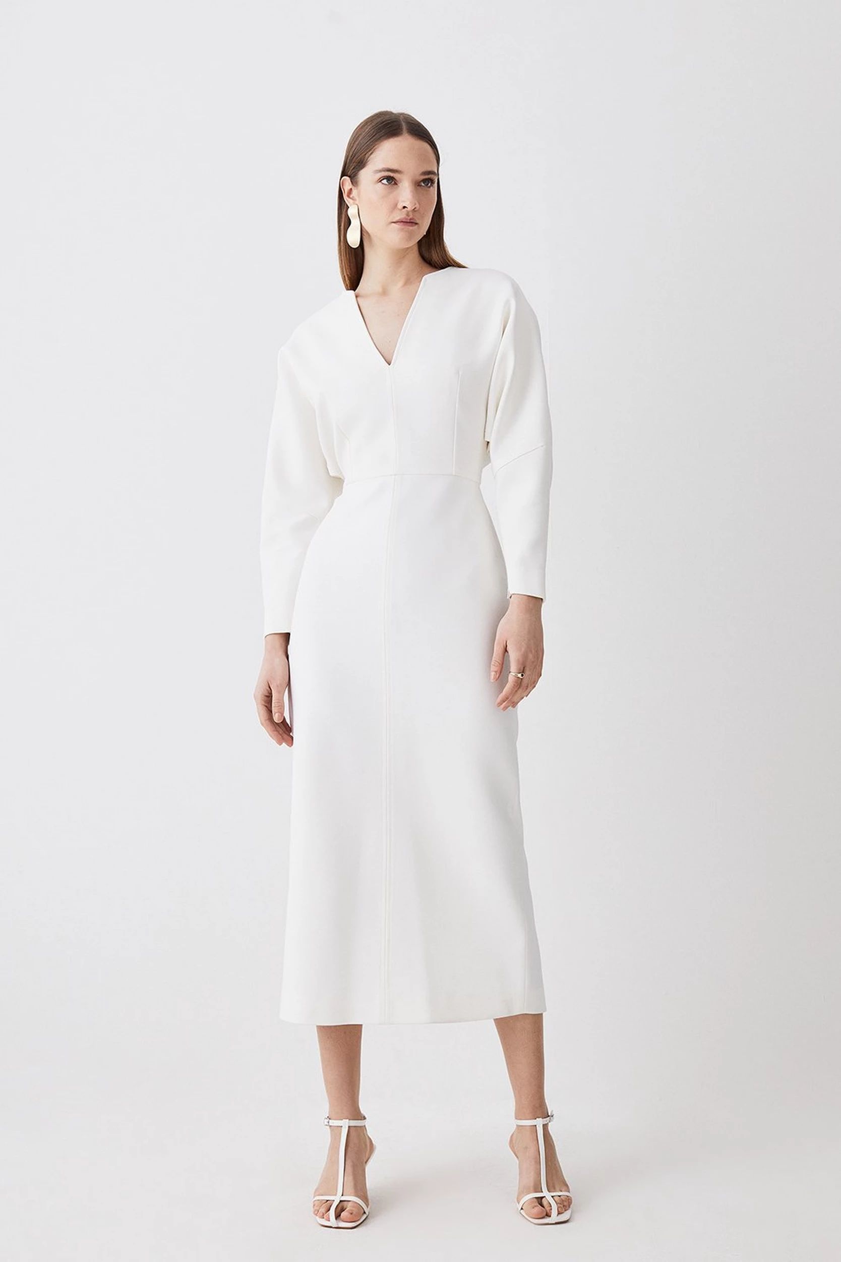 Compact Stretch Seamed Detail Rounded Sleeve Midi Dress | Karen Millen US