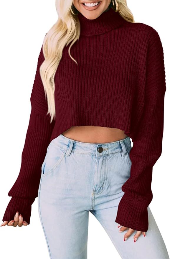 PRETTYGARDEN Women's 2024 Fall Winter Turtleneck Cropped Sweater Causal Ribbed Knit Long Sleeve P... | Amazon (US)