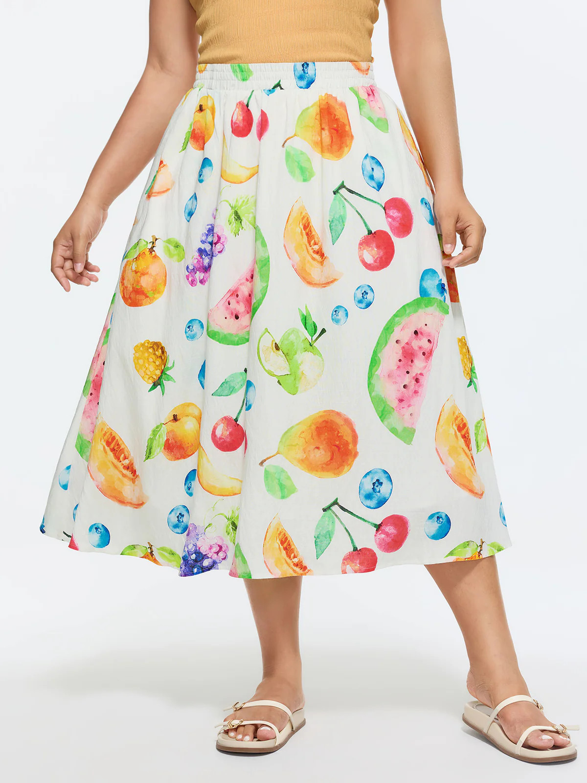 Cotton Fruit Print Shirred Waist Maxi Skirt | Bloomchic