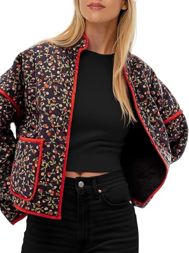 Tankaneo Womens Quilted Lightweight Jackets Floral Print Winter Coats Open Front Cardigan with Po... | Amazon (US)