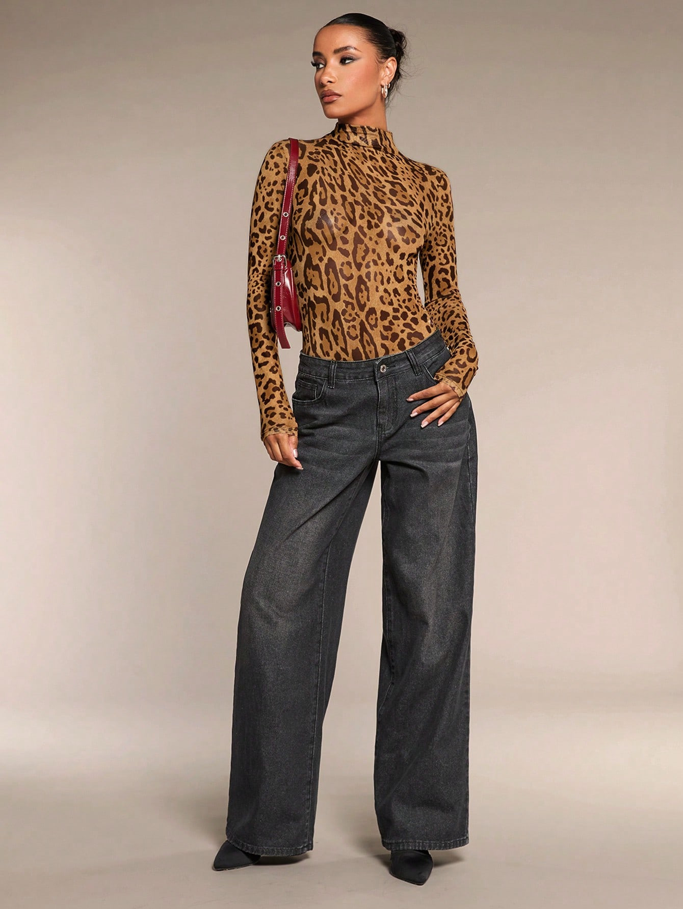 SHEIN BAE Women's Fall Women Clothes Leopard Print Stand Collar Long Sleeve Slim Bodysuit,Animal ... | SHEIN