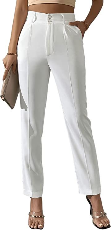 SweatyRocks Women's Elegant High Waist Button Front Straight Leg Suit Pants Sith Pocket | Amazon (US)