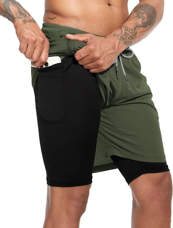 Men's 2 in 1 Running Shorts Gym Athletic Workout Shorts for Men with Zipper Pockets Quick Dry Com... | Amazon (US)
