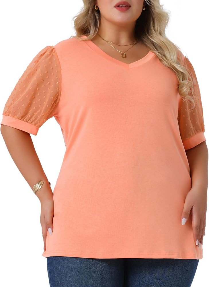 Agnes Orinda Plus Size Tops for Women V Neck Swiss Dots Puff Sleeve Shirts Loose Casual Blouses T... | Amazon (US)