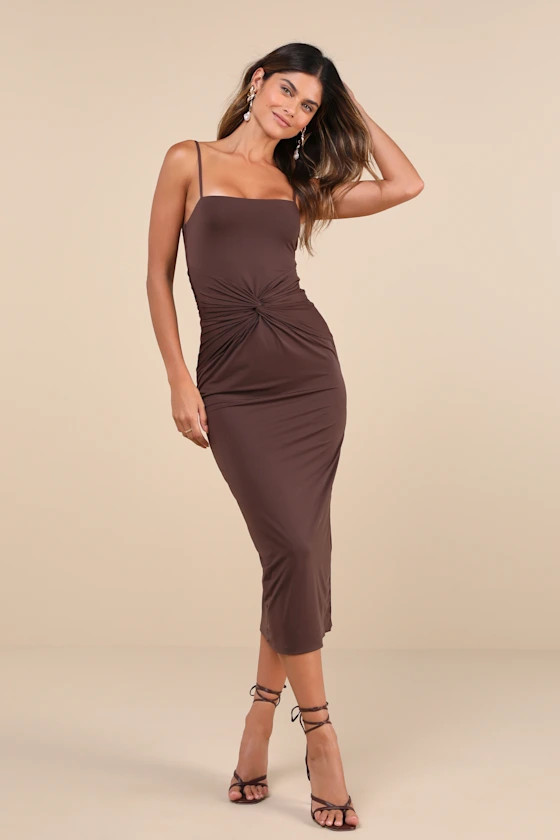 Mesmerizing Reputation Brown Twist-Front Bodycon Midi Dress | Lulus