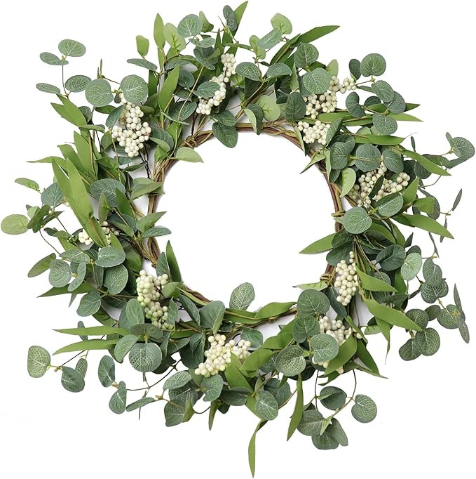 Wreaths for Front Door, 20'' Artificial Eucalyptus Wreath White Berry Greenery Wreath Green Decor... | Amazon (US)