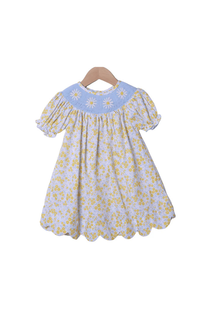 Smocked Daisy Yellow and Blue Floral Dress | The Smocked Flamingo