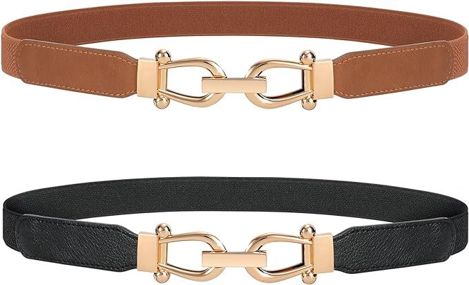 JASGOOD Women Stretchy Waist Belt Retro Elastic Skinny Belt for Ladies with Gold Buckle | Amazon (US)