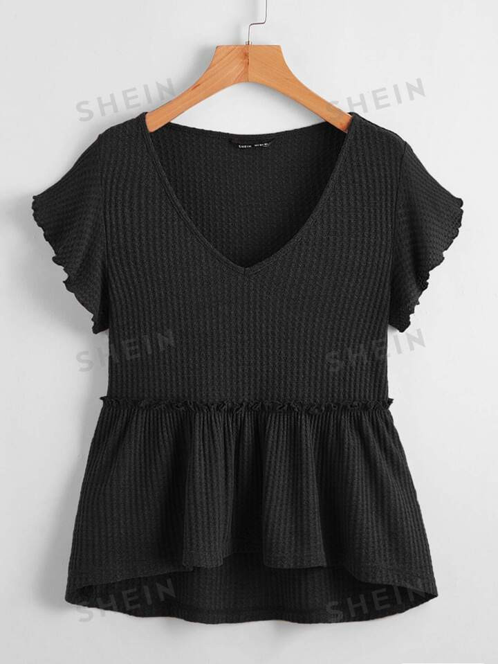 SHEIN LUNE Butterfly Sleeve Waffle Knit Peplum Top | SHEIN