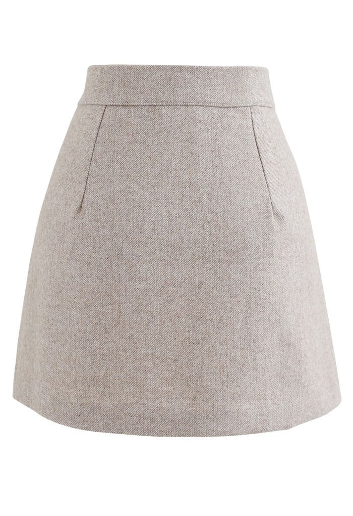 Button Flap Wool-Blended Mini Skirt in Light Tan | Chicwish