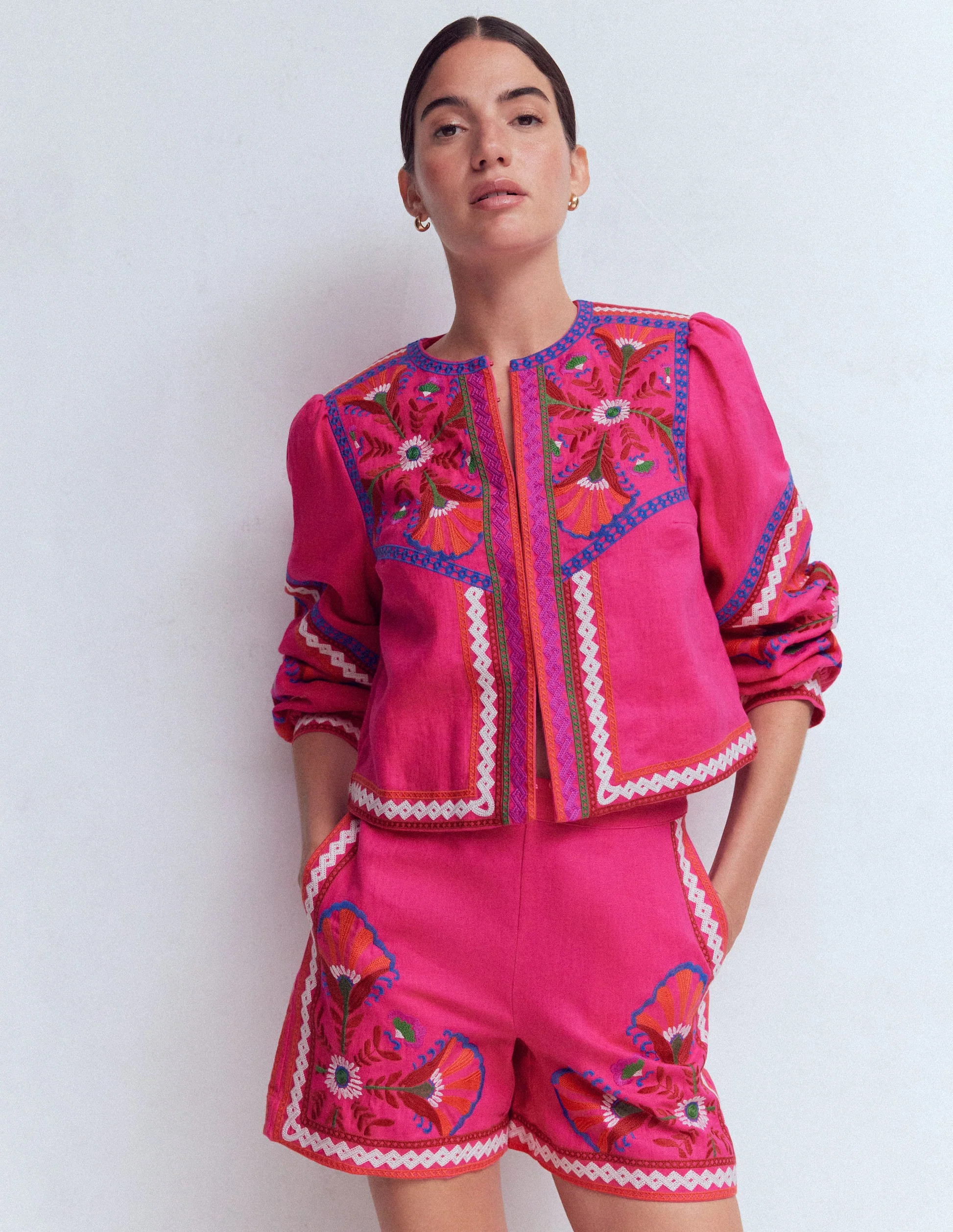 Embroidered Linen Shorts-Pink Peony, Embroidered | Boden (US)