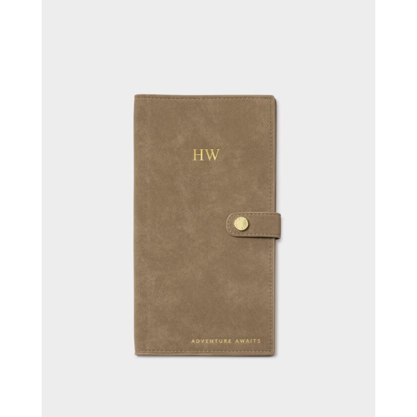 Suedette Sentiment Travel Wallet 'Adventure Awaits' in Taupe | Katie Loxton Ltd. (UK)