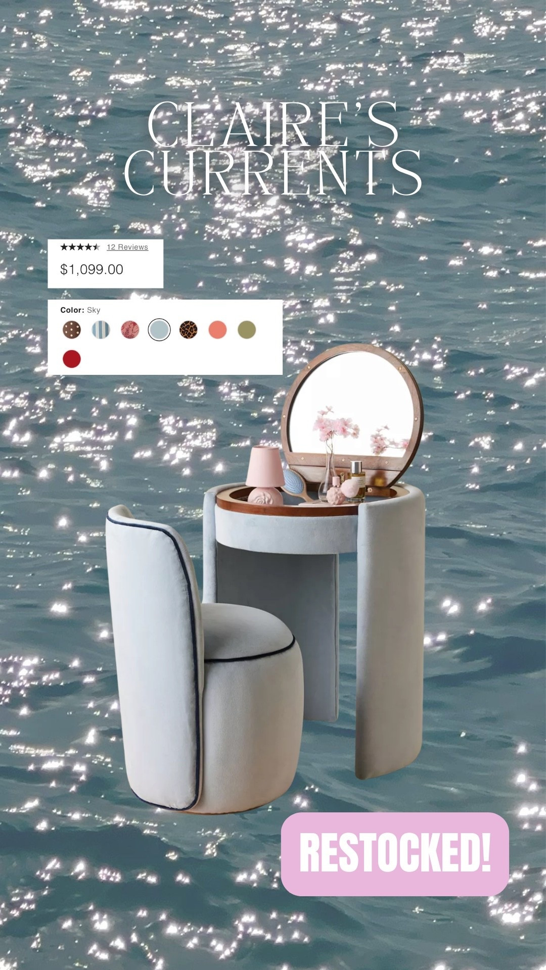 My vanity is finally RESTOCKED!!! Guys this went crazy viral and has been sold out forever!!! I have the sky color, but the striped is sooo cute!