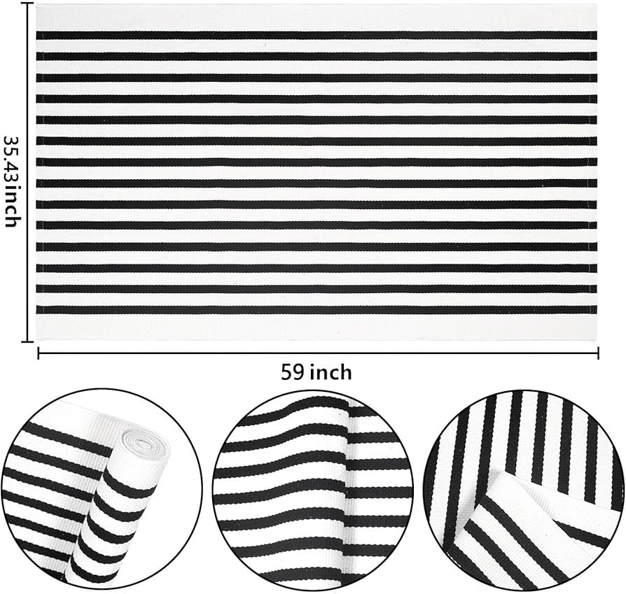 Black and White Outdoor Rug 3'x 5' Front Porch Rug Cotton Hand-Woven Striped Rug Machine Washable... | Amazon (US)