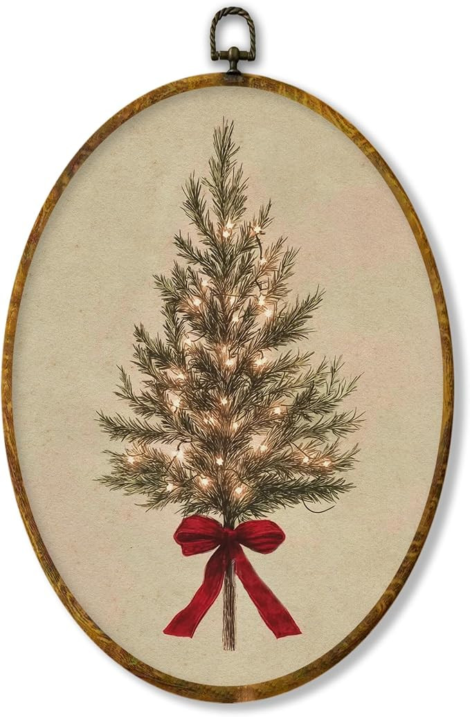 XPH Vintage Christmas Tree Oval Wall Art Framed, Rustic Coquette Red Bow Tree Oval Wall Decor, Fa... | Amazon (US)