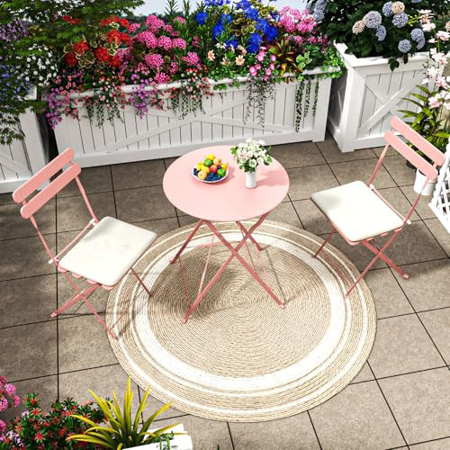 3-Piece Patio Bistro Set Outdoor Furniture Set Folding Bistro Table and Chairs with Premium Steel Frame Weather Resistant Conversation Set for Bistro Balcony Porch Yard Garden(pink with cushion) | Amazon (US)