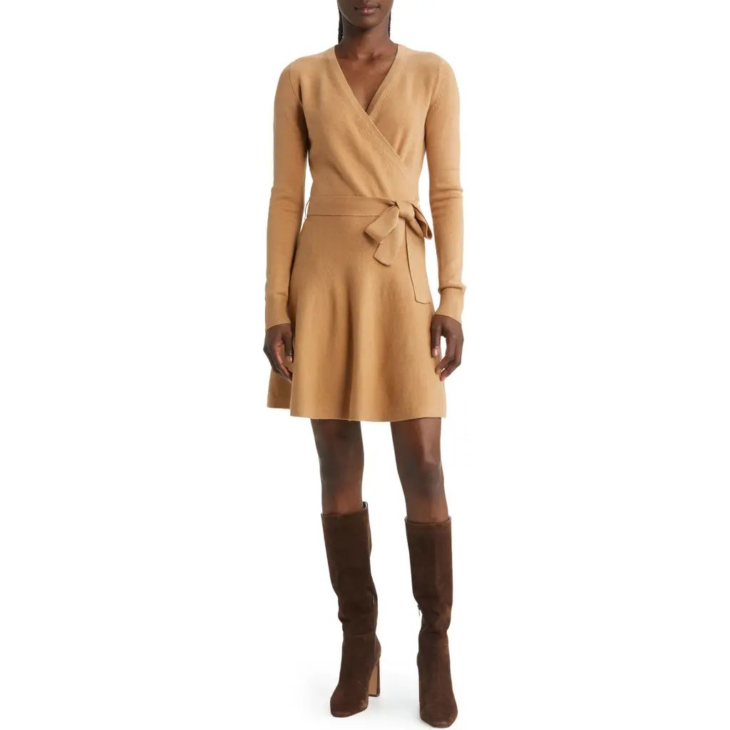 French Connection Long Sleeve Faux Wrap Sweater Dress in Camel Melange at Nordstrom, Size Large | Nordstrom