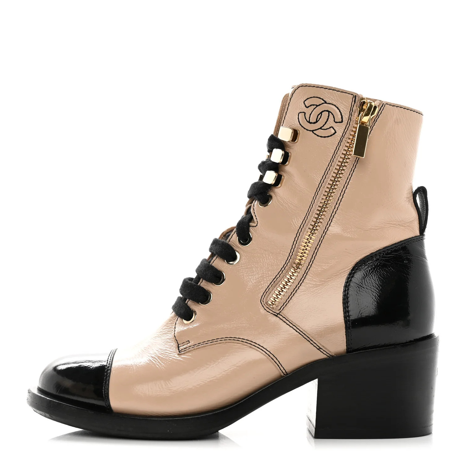 Patent Calfskin CC Lace Up Short Boots 36.5 Beige Black | FASHIONPHILE (US)