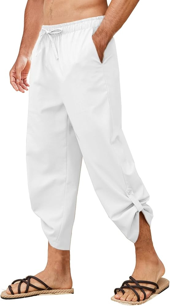 COOFANDY Mens Linen Pants Casual Elastic Waist Pants Loose Fit Beach Yoga Capri Pants | Amazon (US)