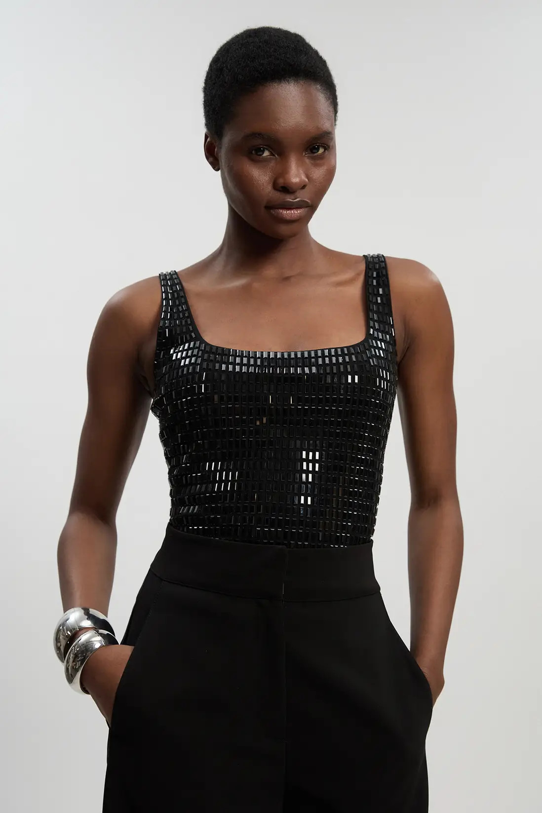 Black Premium Crystal Embellished Top | Karen Millen USA | Karen Millen US