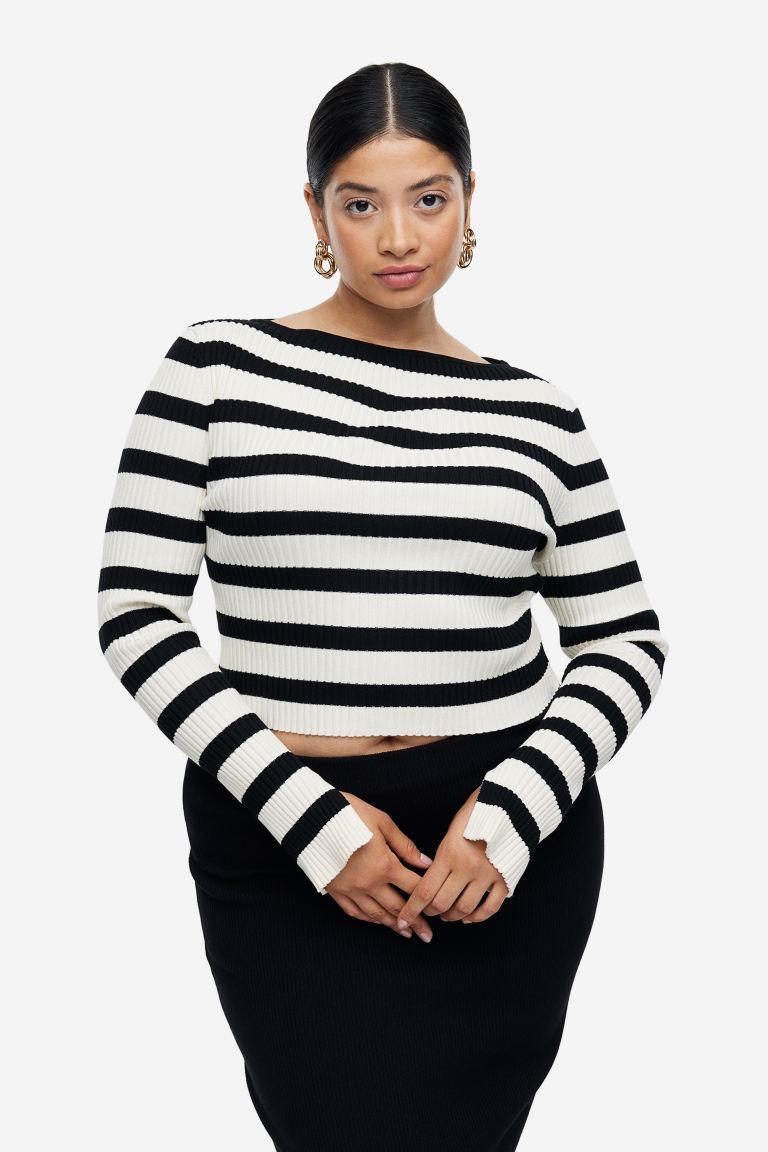 Rib-knit Crop Top - Cream/black striped - Ladies | H&M US | H&M (US + CA)