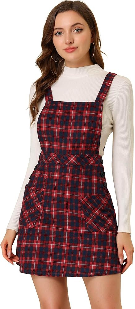 Allegra K Women's Christmas Plaid Tartan Skirt Button Decor A-Line Pinafore Overall Dress | Amazon (US)