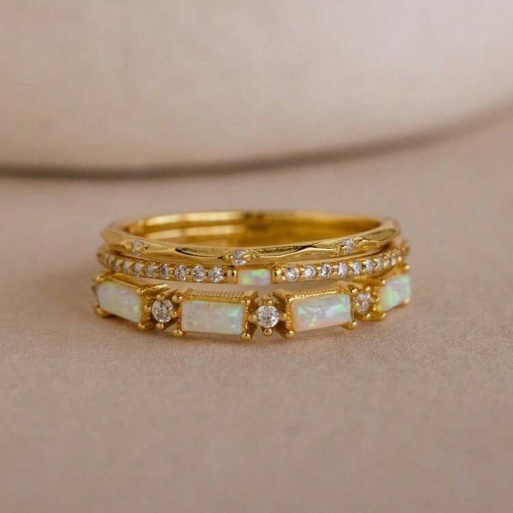 3pc Elegant Women's Synthetic Opal Stacked Ring Set Wedding Engagement Promise Bride Eternity Rin... | SHEIN