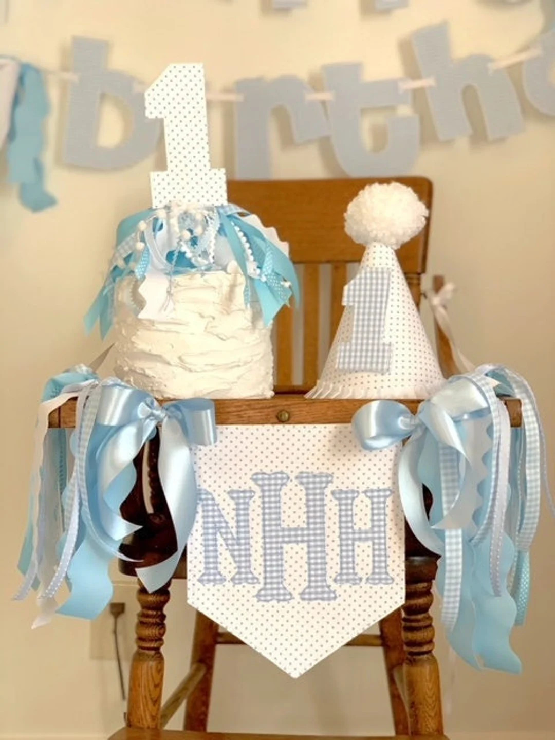 Blue dot and Blue Gingham High Chair Initial Pendant with Number Cake Topper and Birthday Party H... | Etsy (US)