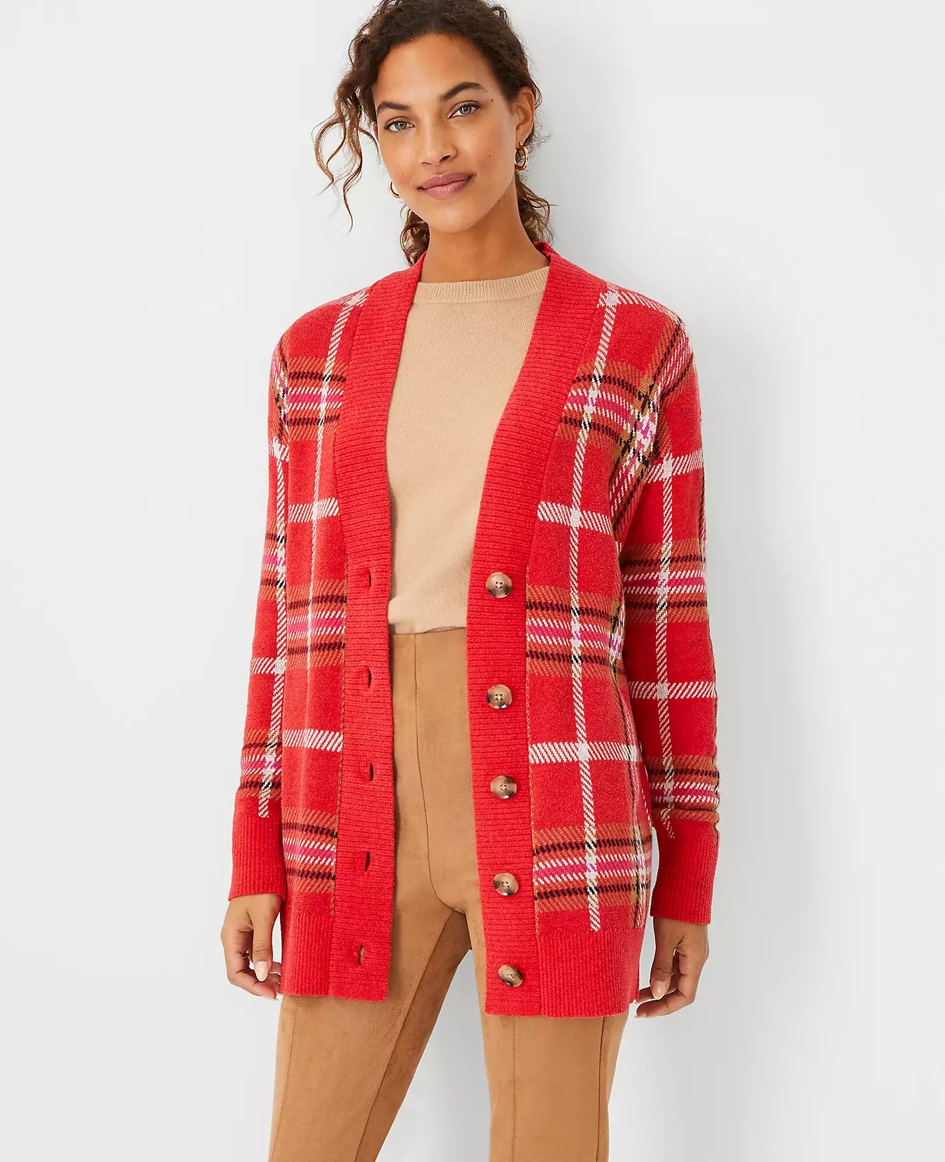 Plaid Jacquard Boyfriend Cardigan | Ann Taylor (US)